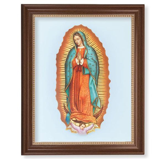 Our Lady of Guadalupe Picture, 13-1/2"x16-9/16 Walnut Finish Frame with Gold Beaded Lip, Textured Italian Print # 22339