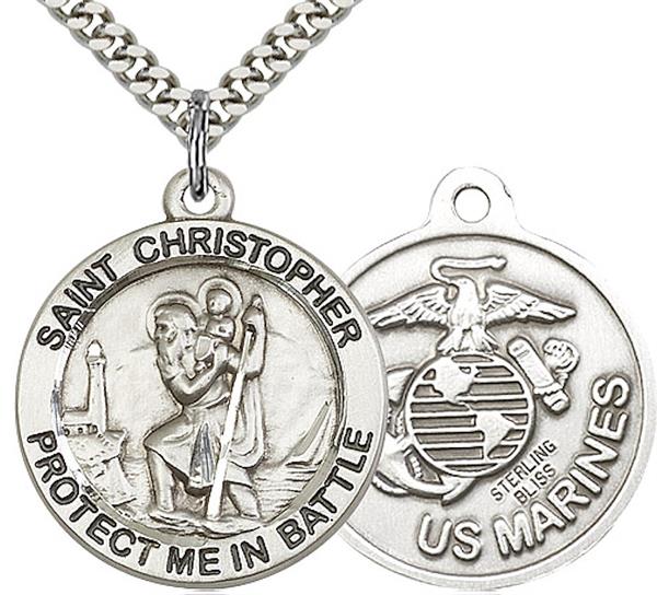 St. Christopher / Marine Corps Medal, 1" dia., Sterling Silver, Your Choice of Chain, # 2234