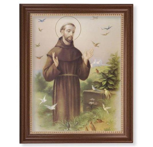 Saint Francis Picture, 13-1/2"x16-9/16 Walnut Finish Frame with Gold Beaded Lip, Textured Italian Print # 22345
