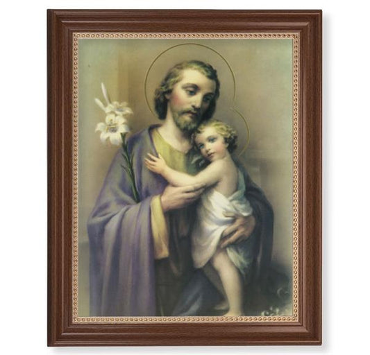 Saint Joseph Picture, 13-1/2"x16-9/16 Walnut Finish Frame with Gold Beaded Lip, Textured Italian Print # 22347