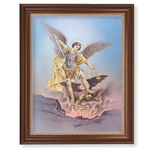 Saint Michael Picture, 13-1/2"x16-9/16 Walnut Finish Frame with Gold Beaded Lip, Textured Italian Print # 22349
