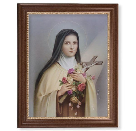 Saint Therese of Lisieux Picture, 13-1/2"x16-9/16 Walnut Finish Frame with Gold Beaded Lip, Textured Italian Print # 22350