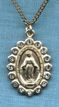 Aqua Crystal Border Miraculous Medal 1-1/8" Solid 14kt Gold, Free Chain, # 43674