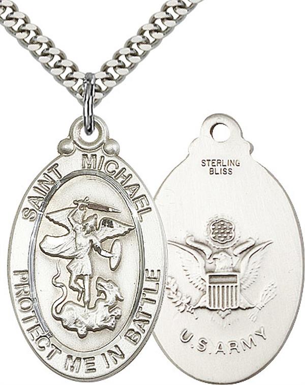 St. Michael / Army Medal, 1-1/8" tall, Sterling Silver, Your Choice of Chain, # 2249