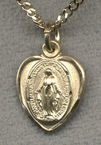 Miraculous Medal, Heart - Shaped, 1/2", 14kt Gold Filled, 18" Gold Plate Chain # 2255
