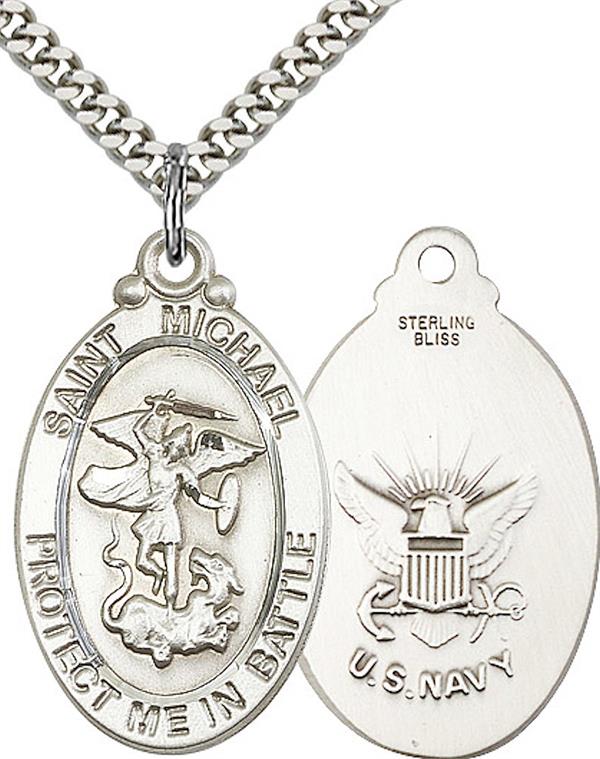 St. Michael / Navy Medal, 1-1/8" tall, Sterling Silver, Your Choice of Chain, # 2271