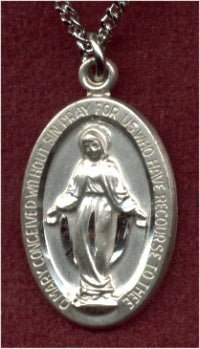 Classic Oval Miraculous Medal 13/16" Sterling Silver, Your Choice of Chain # 2273