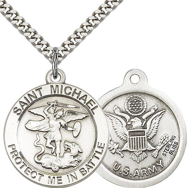St. Michael / Army Medal, 1" dia., Sterling Silver, Your Choice of Chain, # 2281