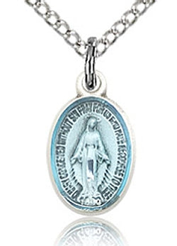 1/2" Miraculous Medal Blue Enamel Sterling Silver, 16" Chain, # 59653-sale