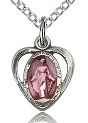 3/8" Miraculous Heart Medal , Pink Enamel, Sterling, your choice of chain # 22919