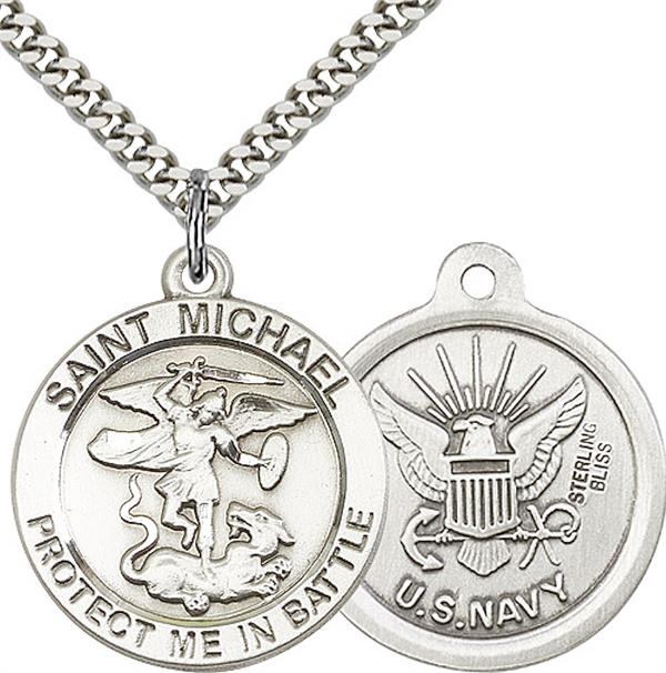 St. Michael / Navy Medal, 1" dia., Sterling Silver, Your Choice of Chain, # 2294