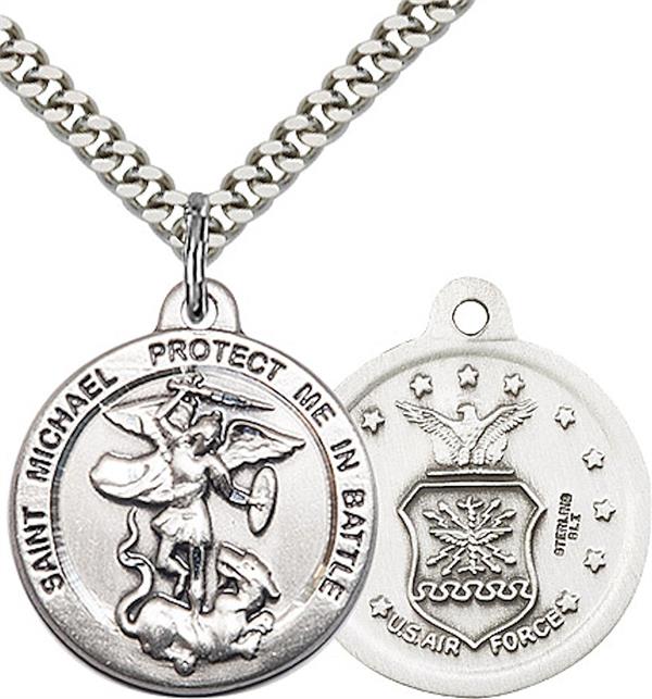 St. Michael / Air Force Medal, Sterling Silver, 3/4" dia., Your Choice of Chain, # 2296