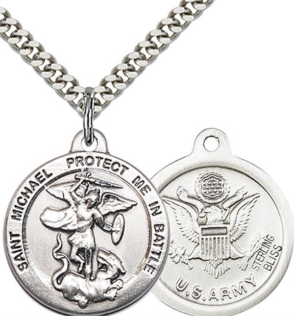 St. Michael / Army Medal, Sterling Silver, 3/4" dia., Your Choice of Chain, # 2300