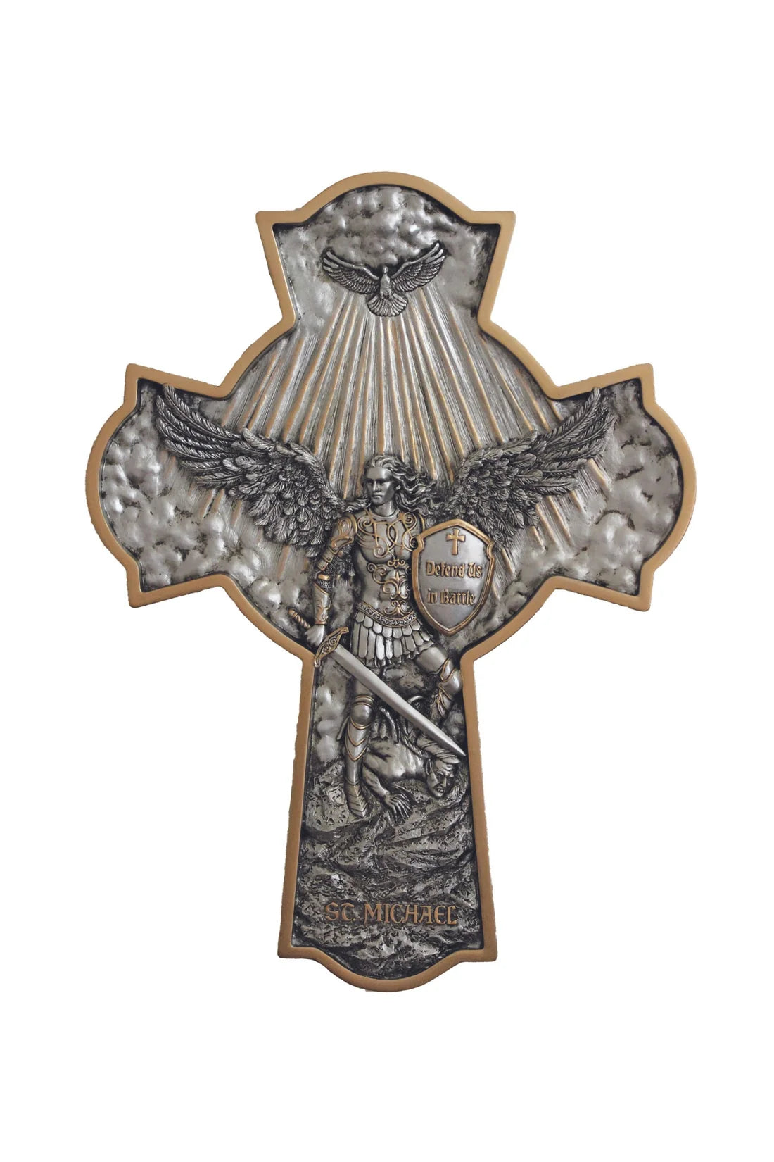 St. Michael Crucifixion Plaque in hand-painted pewter style finish with gold trim. 16"