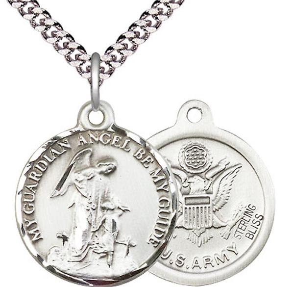Guardian Angel / Army Medal, 3/4" tall, Sterling Silver, Your Choice of Chain, # 2364