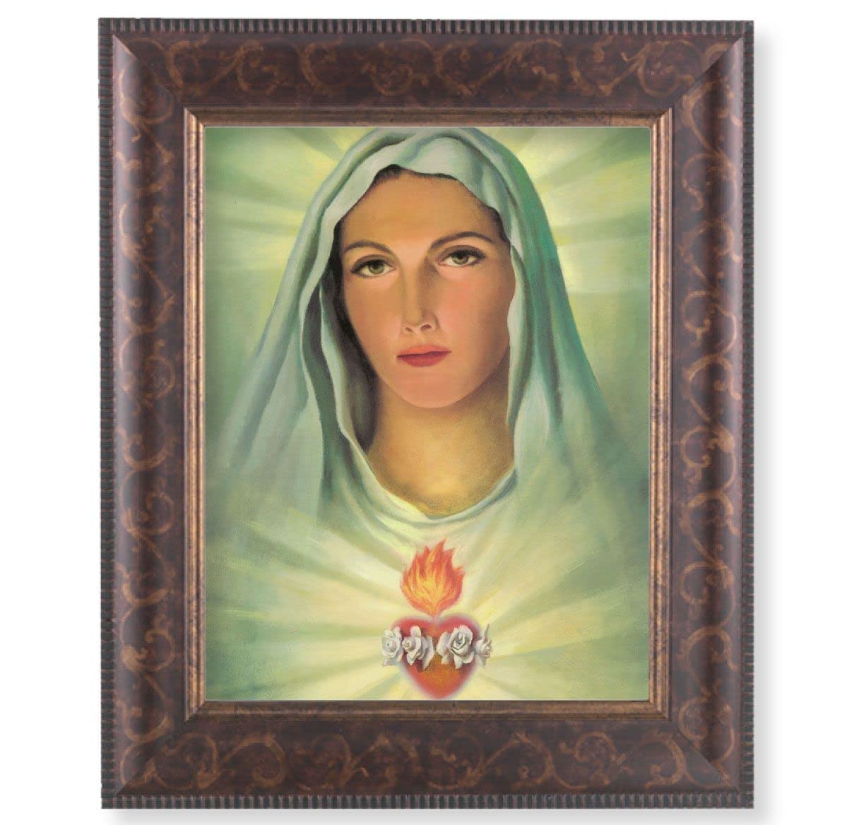 Immaculate Heart of Mary Picture, 11-1/4"x13-1/4, Antique Gold & Espresso Frame, Italian Print Under Glass # 25848