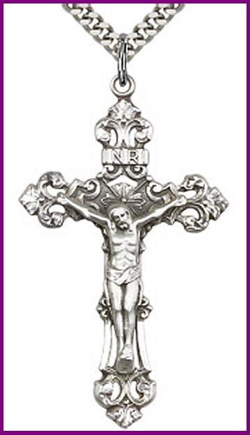 Baroque 1-7/8" Sterling Silver Crucifix, Your choice of chain, # 2420