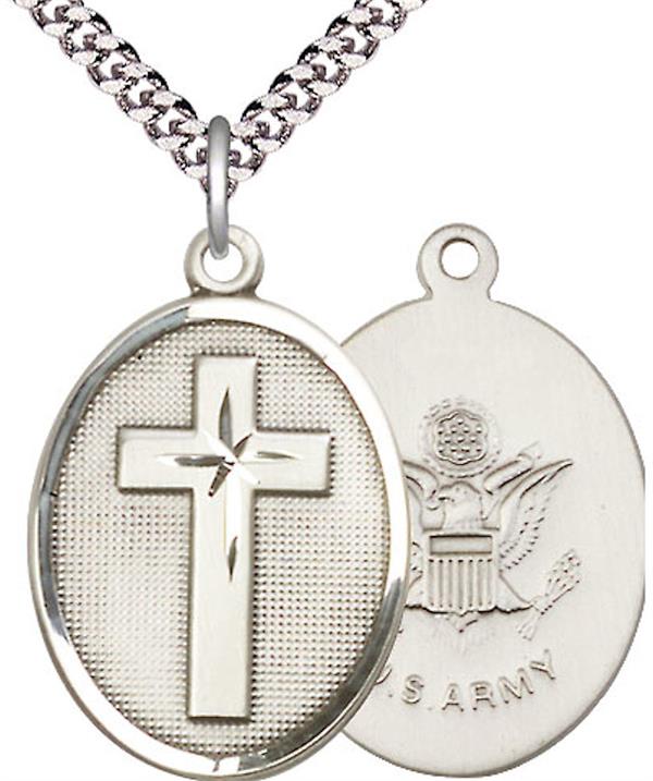 Oval Cross & Army Medal, 1" tall, Fine Pewter, Your Choice of Chain, # 2453