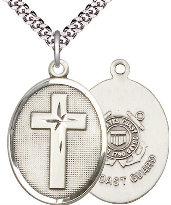 Oval Cross & Coast Guard Medal, 1" tall, Fine Pewter, Your Choice of Chain, # 2469