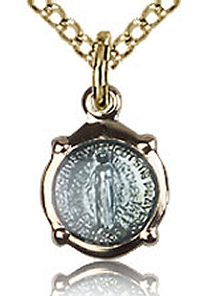 5/16" Blue Enameled Miraculous Medal, Gold Plated Sterling, Your Choice of Chain, # 24734