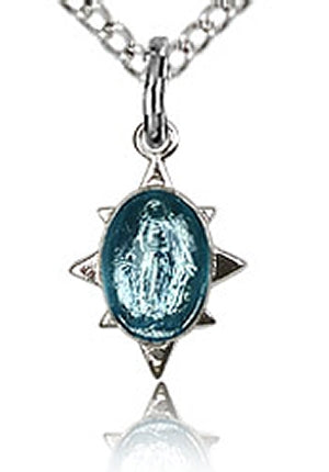 Sterling Silver Miraculous Medal 8-Point, Blue Enamel, 3/8" tall, Your Choice of Chain, # 24740