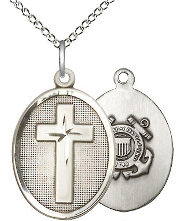 Oval Cross Coast Guard Medal, 3/4" tall, Fine Pewter, Your Choice of Chain, # 2476