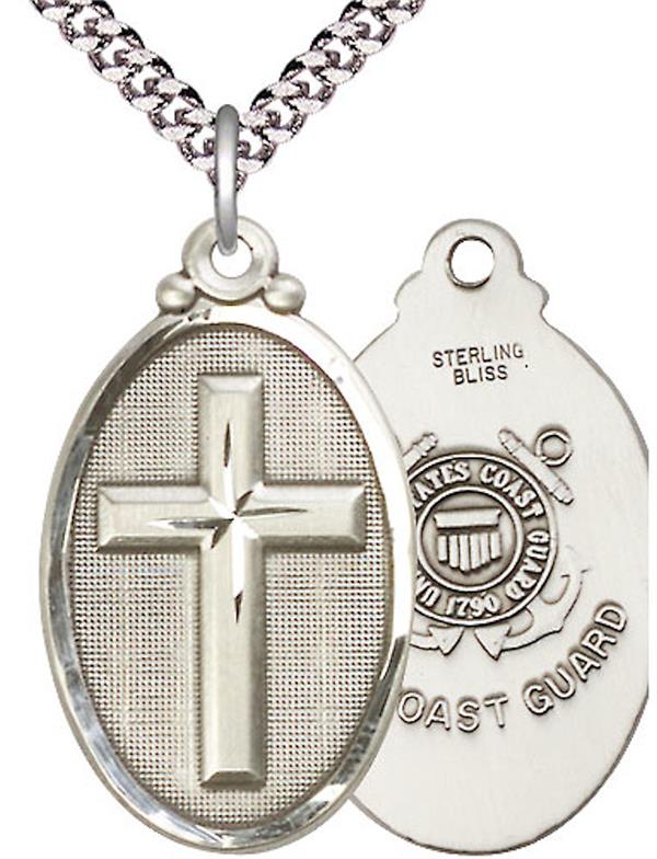 Coast Guard Oval Cross Medal, 1-1/8" tall, Sterling Silver, Your Choice of Chain, # 2490