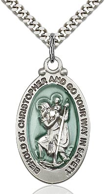 1-1/8" Sterling St. Christopher medal with Blue Enamel, Your Choice of CHain, # 24990