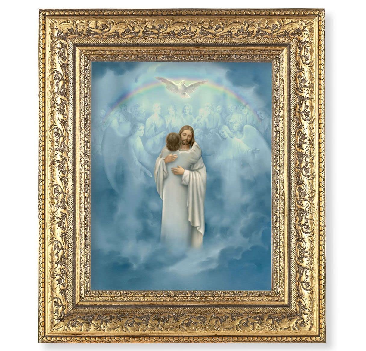 Christ Welcoming Home Picture, 12-1/2"x14-1/2, Antique Gold Leaf Carvings Ornate Frame, Italian Print Under Glass # 25447