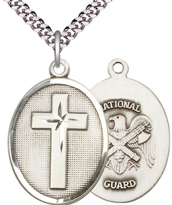 Oval Cross & National Guard Medal, 1" tall, Fine Pewter, Your Choice of Chain, # 2506