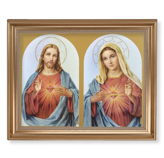 The Sacred Hearts Picture, 13-1/2"x16-9/16 Gold-Leaf Fluted Frame with Beaded Lip, Textured Italian Print # 25239