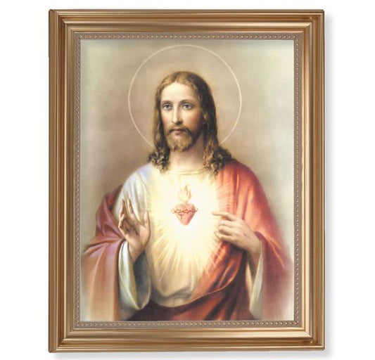 Sacred Heart of Jesus Picture, 13-1/2"x16-9/16 Gold-Leaf Fluted Frame with Beaded Lip, Textured Italian Print # 25241