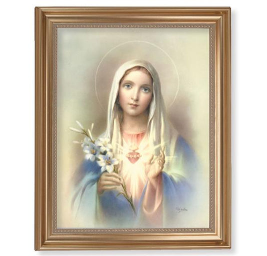 Immaculate Heart of Mary Picture, 13-1/2"x16-9/16 Gold-Leaf Fluted Frame with Beaded Lip, Textured Italian Print # 25242