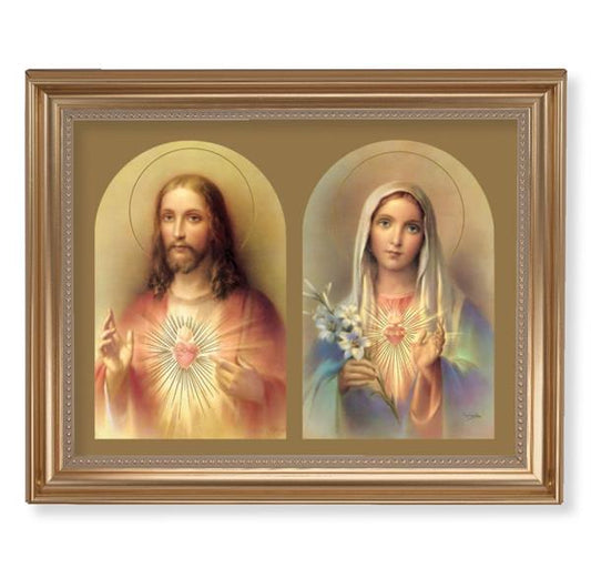 The Sacred Hearts Picture, 13-1/2"x16-9/16 Gold-Leaf Fluted Frame with Beaded Lip, Textured Italian Print # 25243