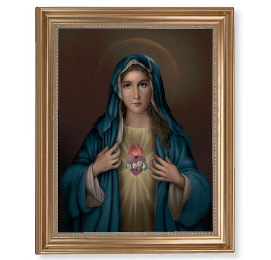 Immaculate Heart of Mary Picture, 13-1/2"x16-9/16 Gold-Leaf Fluted Frame with Beaded Lip, Textured Italian Print # 25248