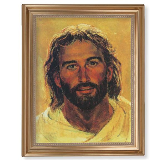 Hooks: Head of Christ Picture, 13-1/2"x16-9/16 Gold-Leaf Fluted Frame with Beaded Lip, Textured Italian Print # 25258