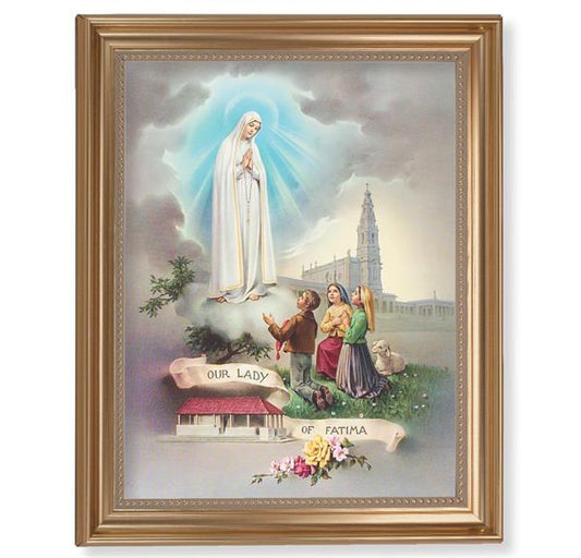 Our Lady of Fatima Picture, 13-1/2"x16-9/16 Gold-Leaf Fluted Frame with Beaded Lip, Textured Italian Print # 25278