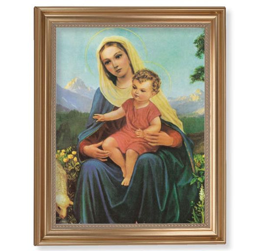 Madonna & Child Picture, 13-1/2"x16-9/16 Gold-Leaf Fluted Frame with Beaded Lip, Textured Italian Print # 25285