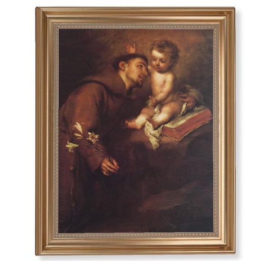 Saint Anthony Picture, 13-1/2"x16-9/16 Gold-Leaf Fluted Frame with Beaded Lip, Textured Italian Print # 25293