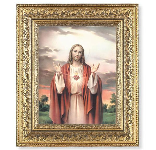Sacred Heart of Jesus Picture, 12-1/2"x14-1/2, Antique Gold Leaf Carvings Ornate Frame, Italian Print Under Glass # 25423