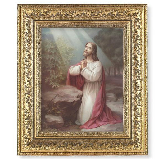 Christ on The Mount of Olives Picture, 12-1/2"x14-1/2, Antique Gold Leaf Carvings Ornate Frame, Italian Print Under Glass # 25426
