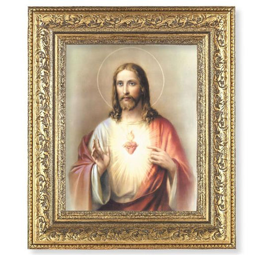 Sacred Heart of Jesus Picture, 12-1/2"x14-1/2, Antique Gold Leaf Carvings Ornate Frame, Italian Print Under Glass # 25429