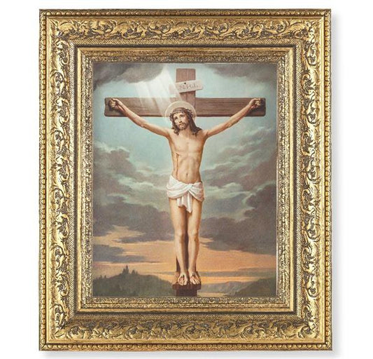 Crucifixion Picture, 12-1/2"x14-1/2, Antique Gold Leaf Carvings Ornate Frame, Italian Print Under Glass # 25434