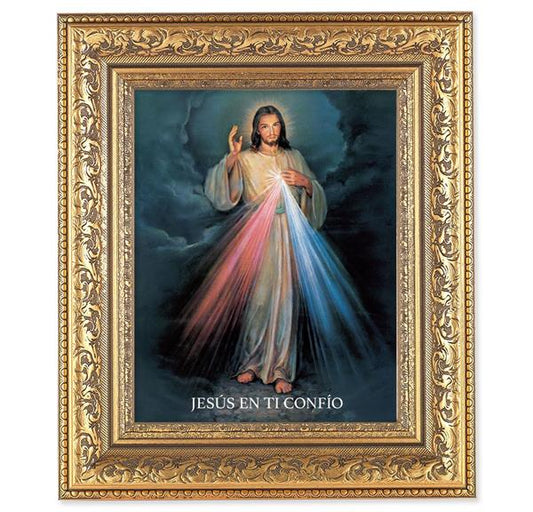 Spansh Divine Mercy Picture, 12-1/2"x14-1/2, Antique Gold Leaf Carvings Ornate Frame, Italian Print Under Glass # 25437