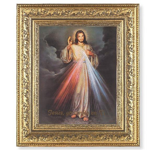 Spansh Divine Mercy Picture, 12-1/2"x14-1/2, Antique Gold Leaf Carvings Ornate Frame, Italian Gold Stamped Print Under Glass # 25438
