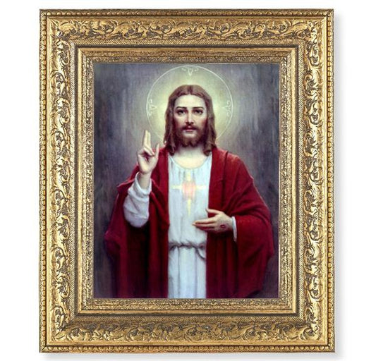 Sacred Heart of Jesus Picture, 12-1/2"x14-1/2, Antique Gold Leaf Carvings Ornate Frame, Italian Print Under Glass # 25439