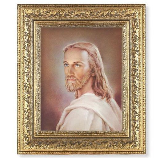 Head of Christ Picture, 12-1/2"x14-1/2, Antique Gold Leaf Carvings Ornate Frame, Italian Print Under Glass # 25441