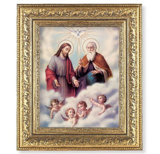 The Trinity Picture, 12-1/2"x14-1/2, Antique Gold Leaf Carvings Ornate Frame, Italian Print Under Glass # 25442