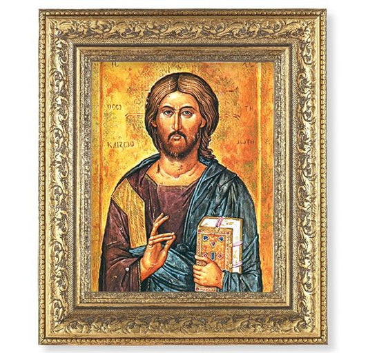 Christ The Teacher Picture, 12-1/2"x14-1/2, Antique Gold Leaf Carvings Ornate Frame, Italian Print Under Glass # 25444