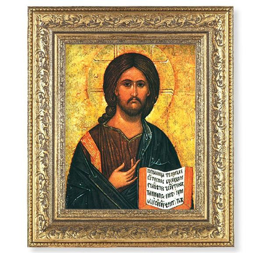 Christ All Knowing Picture, 12-1/2"x14-1/2, Antique Gold Leaf Carvings Ornate Frame, Italian Print Under Glass # 25445
